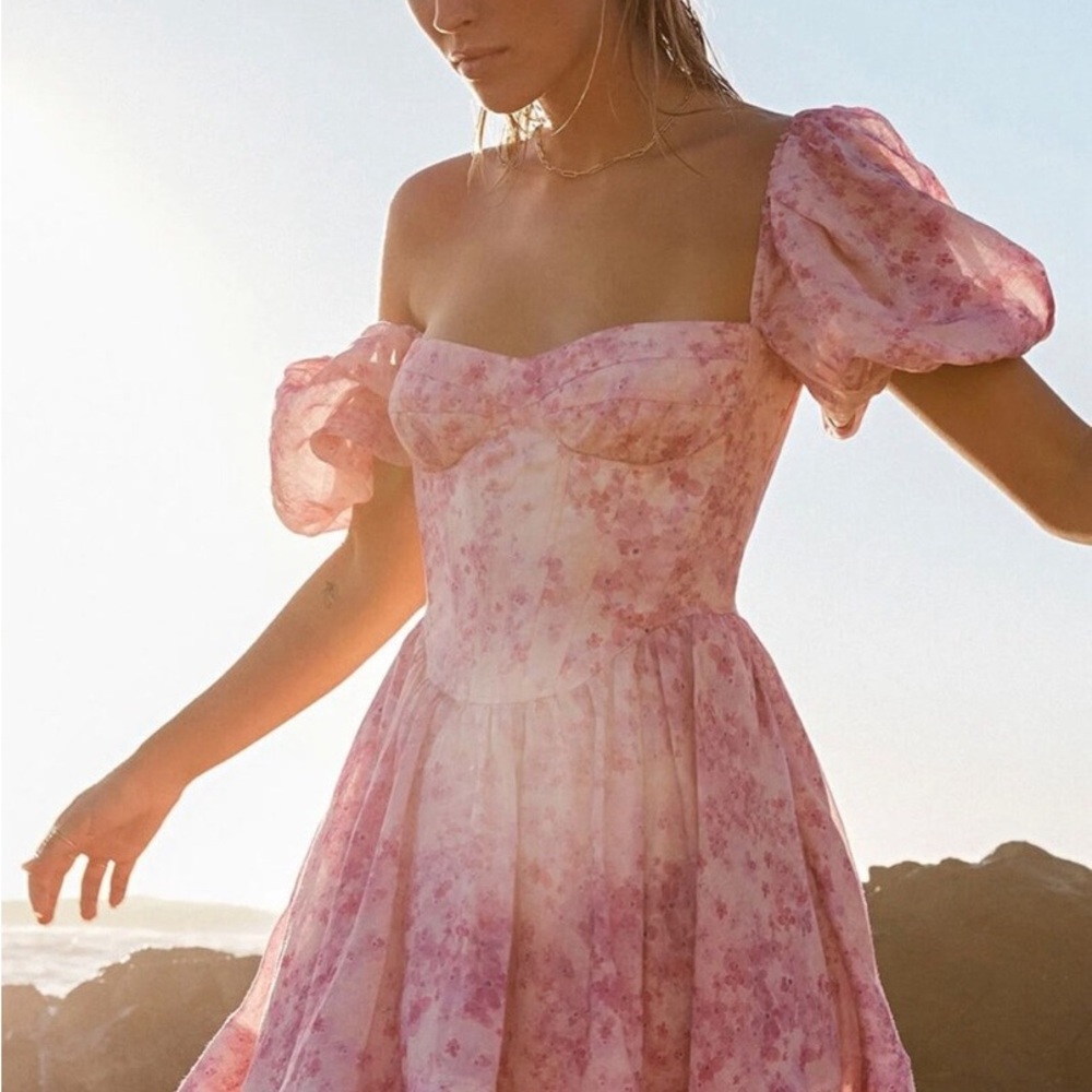 Bardot Kiah Pink Garden Floral Puff Sleeve Mini Corset Dress